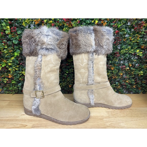 Coach‎ Deeann Boots Leather Fur Embossed Cam Camel Beige Women's 9.5 B Vintage - Picture 6 of 15